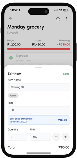 Price editing mockup