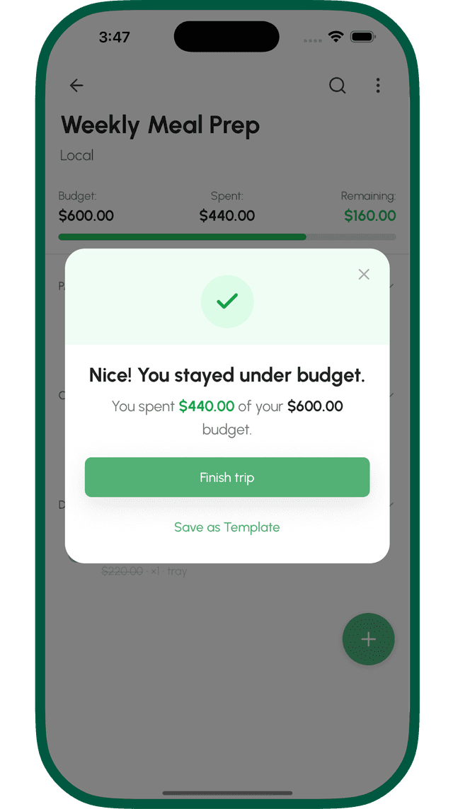 Budget alert showing you stayed under budget with budget bar