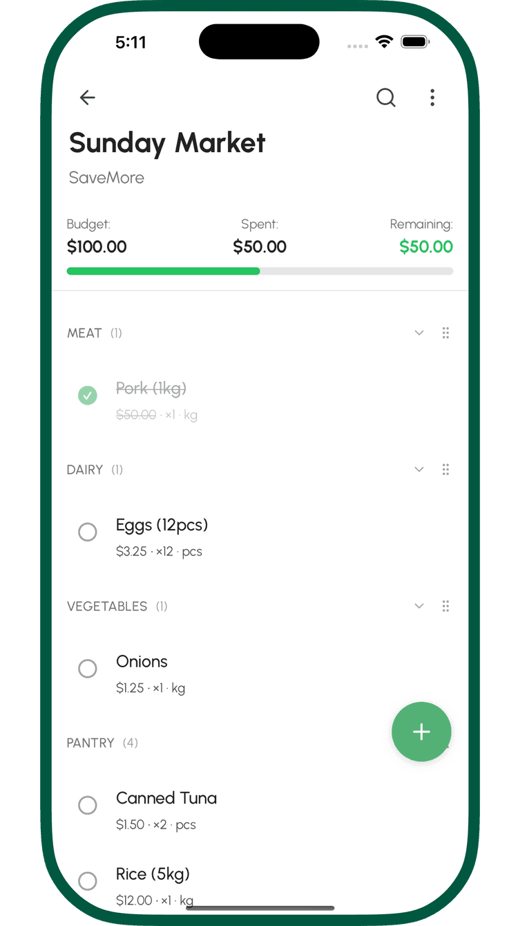 Shopping checklist with real-time budget tracking
