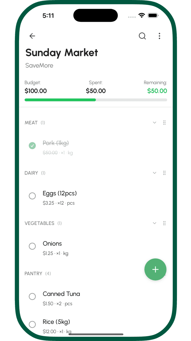 Smart shopping list with real-time totals and category organization
