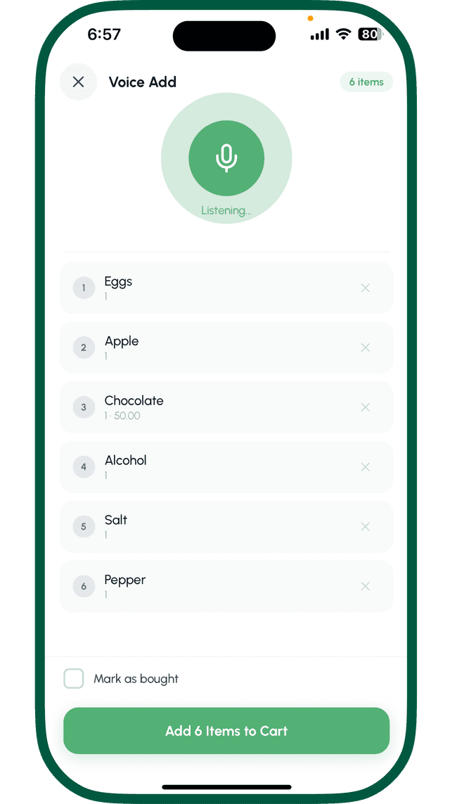 Voice Add showing parsed grocery items from speech input